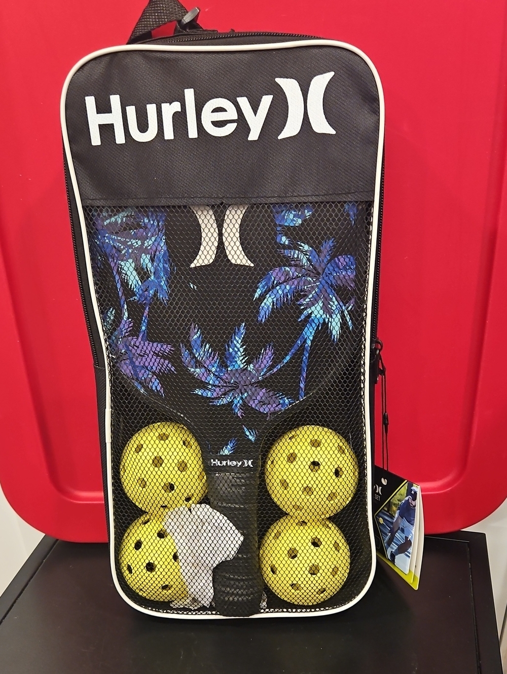 Hurley Black Paddle Set with Blue Palm Design and Yellow Balls